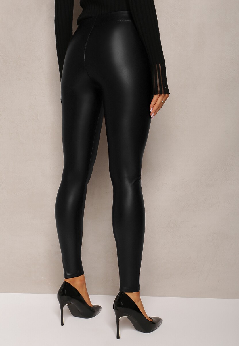 Czarne Ocieplane Legginsy High Waist z Imitacji Skóry Tushi 3