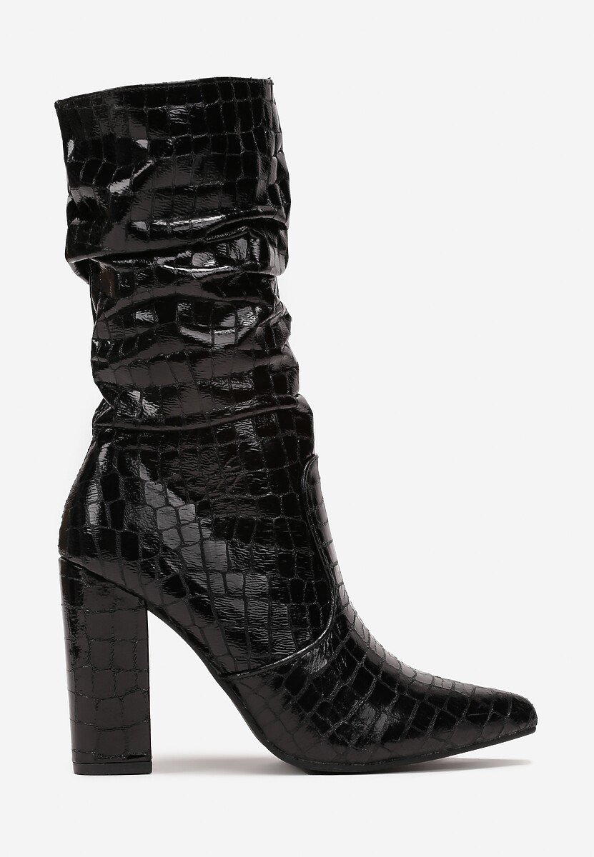 Botine negre cu toc Stiletto din imitație de piele de crocodil și carâmb plisat Stilon 3