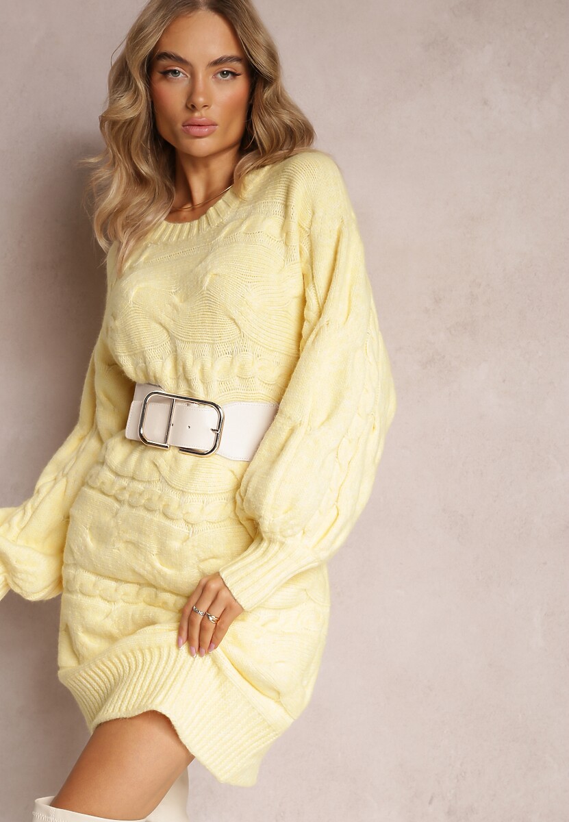 Żółty Długi Sweter Oversize z Wypukłym Splotem All Over Somet 1