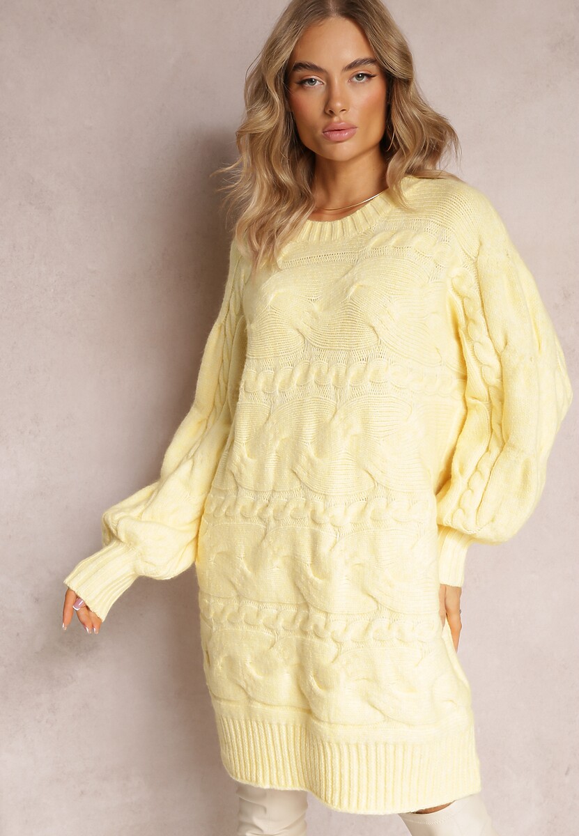 Żółty Długi Sweter Oversize z Wypukłym Splotem All Over Somet 2