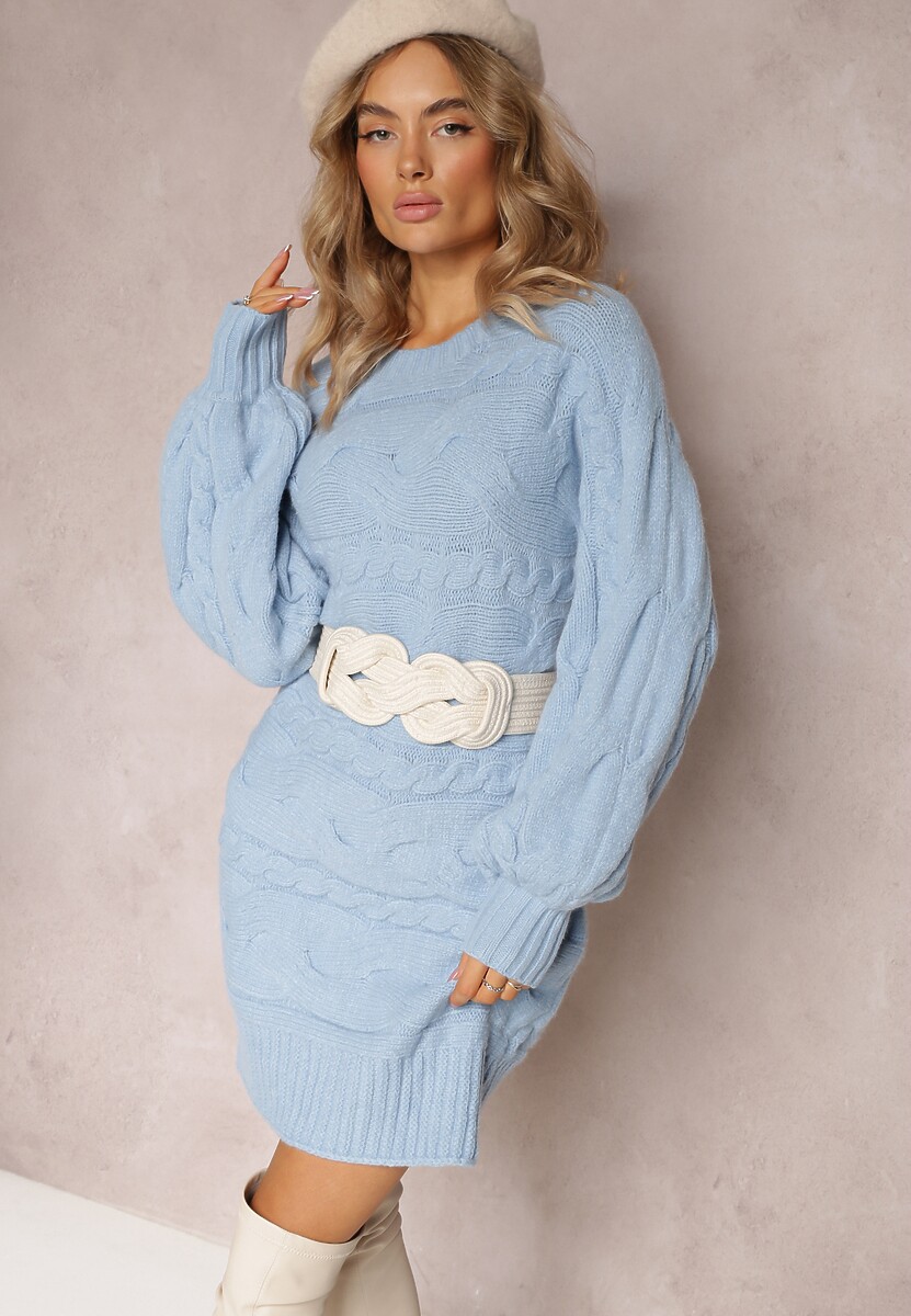 Bleumarin Pulover Lung Oversize Tricotat Aran Somet 1