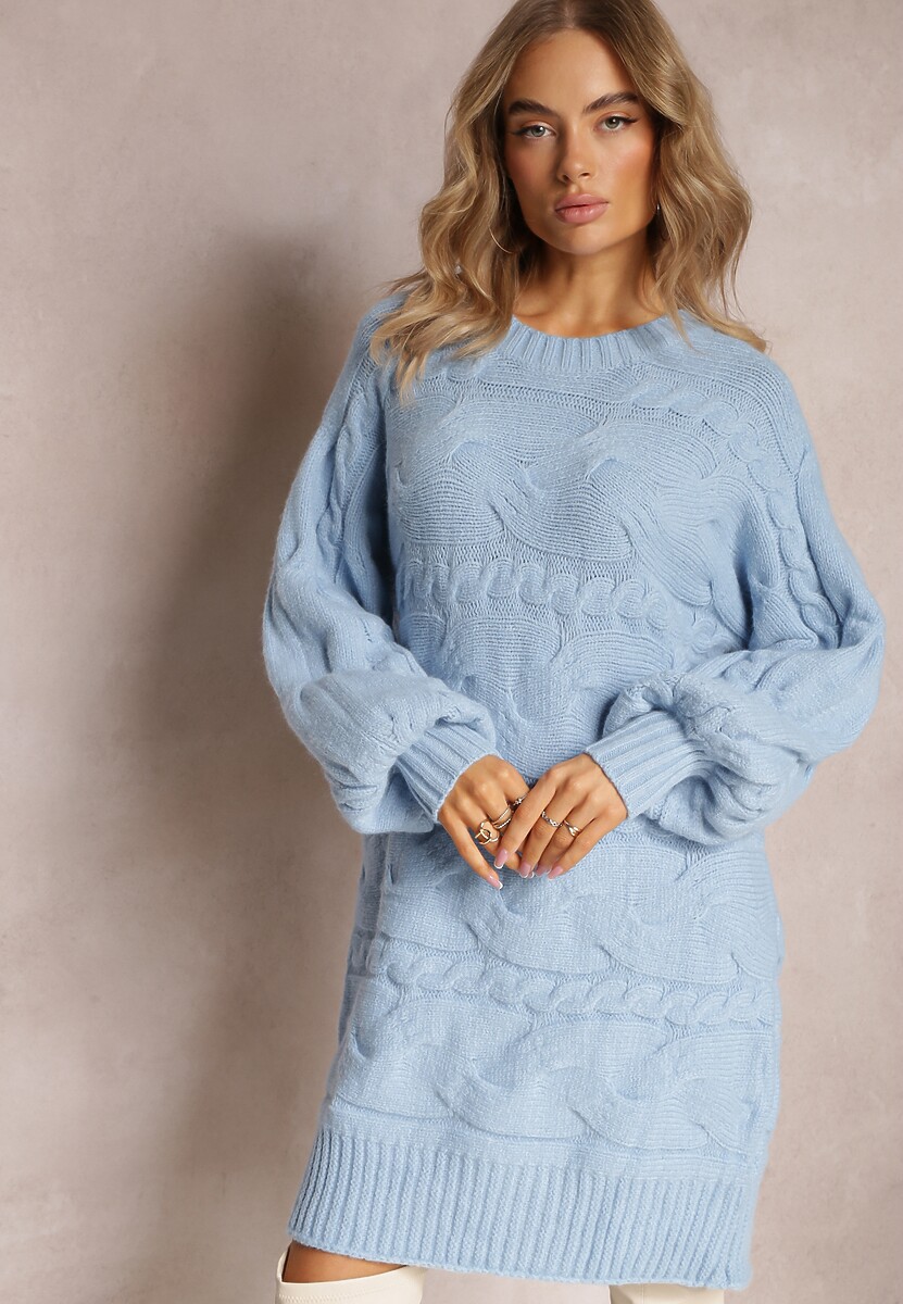 Bleumarin Pulover Lung Oversize Tricotat Aran Somet 2