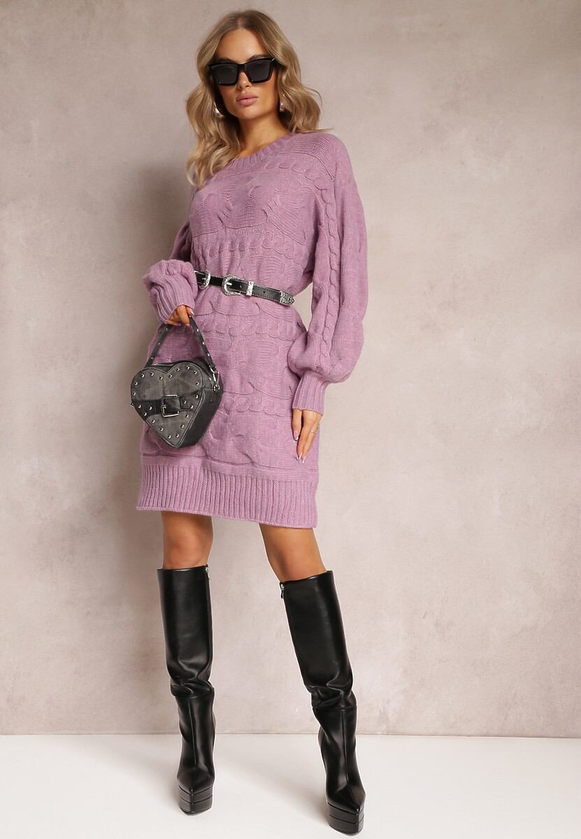 Pulover lung mov închis oversize cu model reliefat All Over Somet 2
