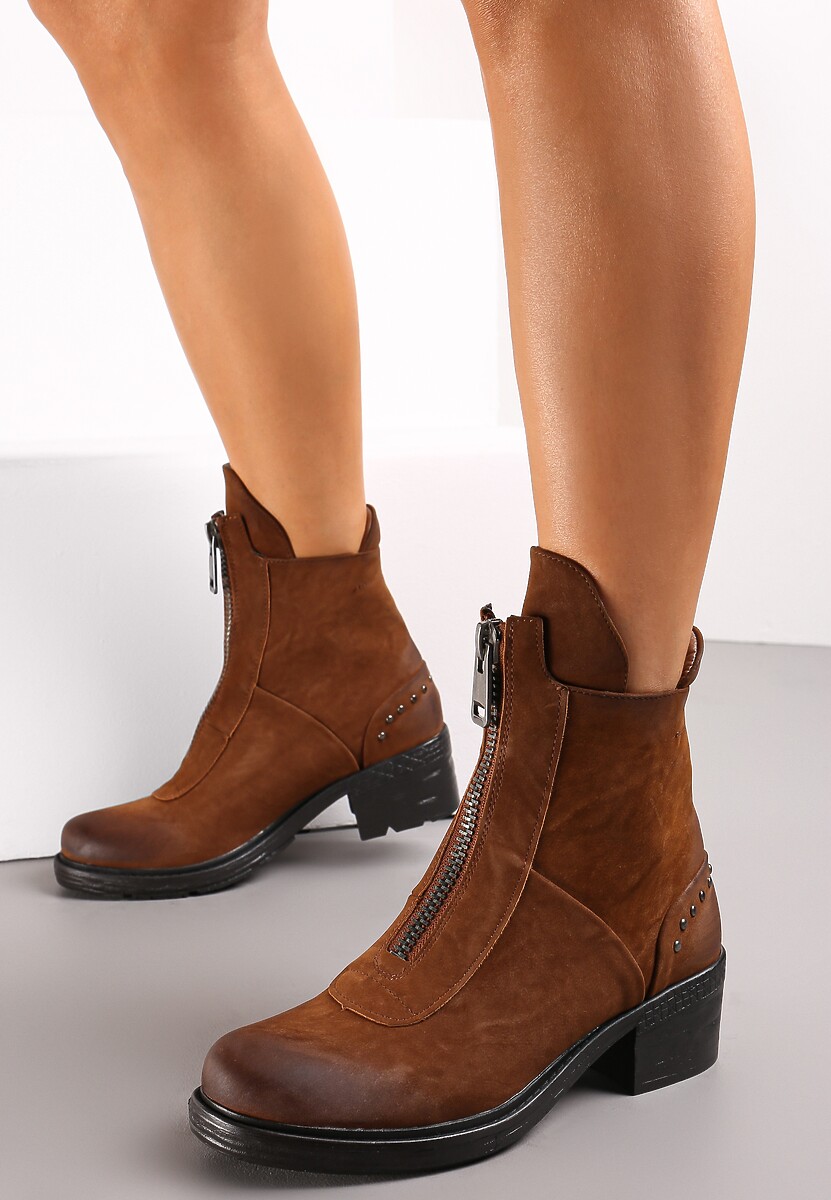 Botine maro cu fermoar frontal cu toc mic Mecave 2