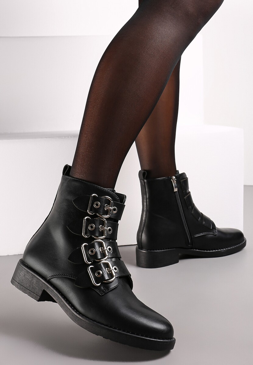 Botine negre cu toc plat și catarame decorative Trivessa 1