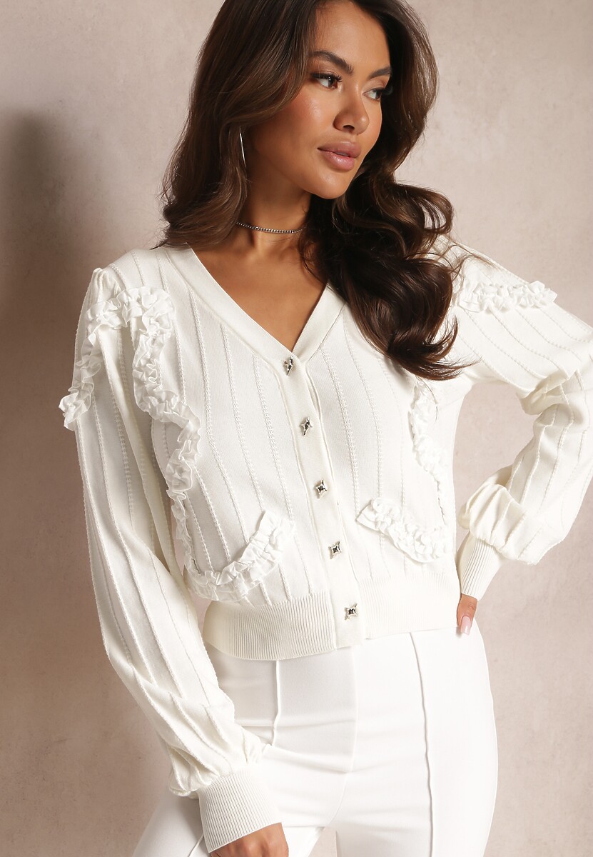 Cardigan Alb Cu Nasturi Și Volane Decorative Diselda 1
