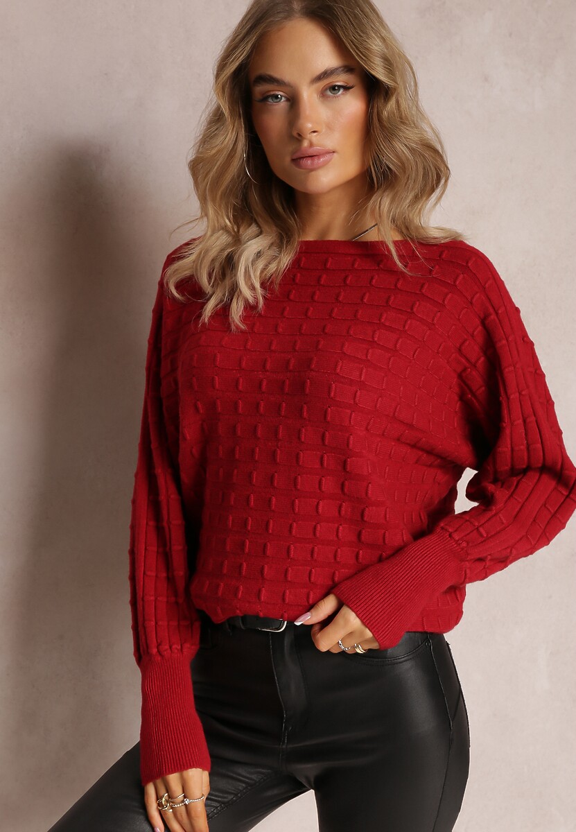 Bordowy Dzianinowy Sweter z Rękawami typu Nietoperz Cascapia 1