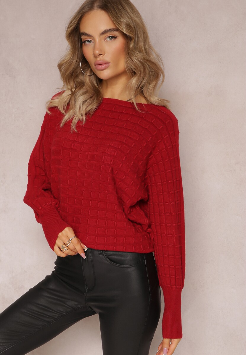 Bordowy Dzianinowy Sweter z Rękawami typu Nietoperz Cascapia 2