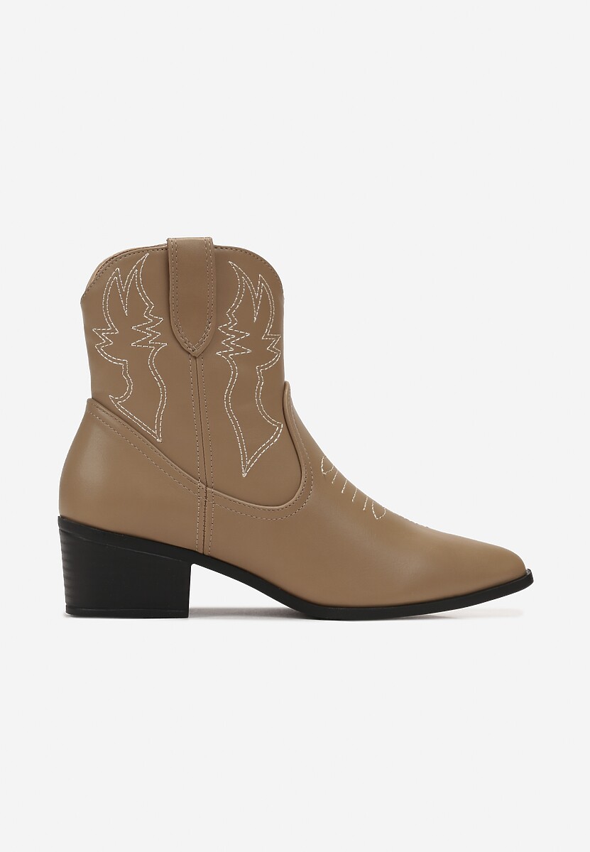 Botine Cowboy Bej Închis cu Cusături Decorative pe Toc Jos Aderba 3