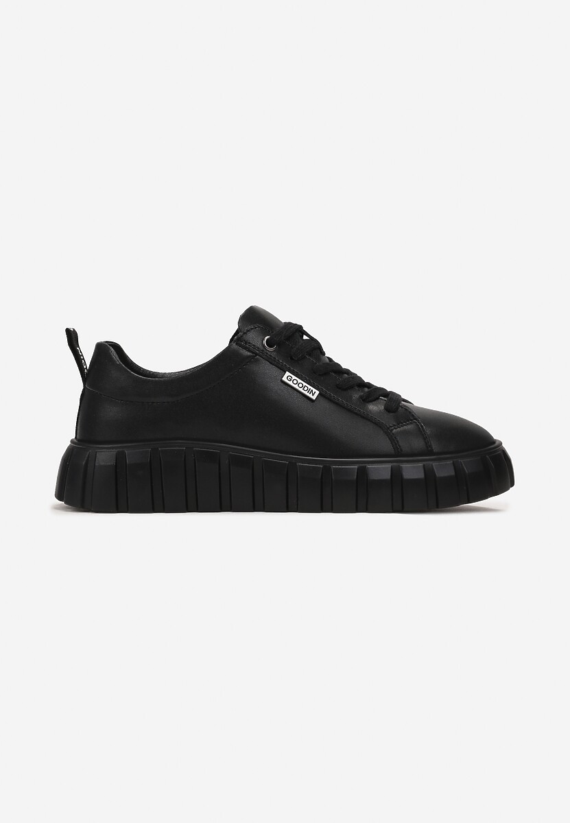 Czarne Sneakersy ze Skóry Naturalnej na Tłoczonej Platformie Pelinea 3