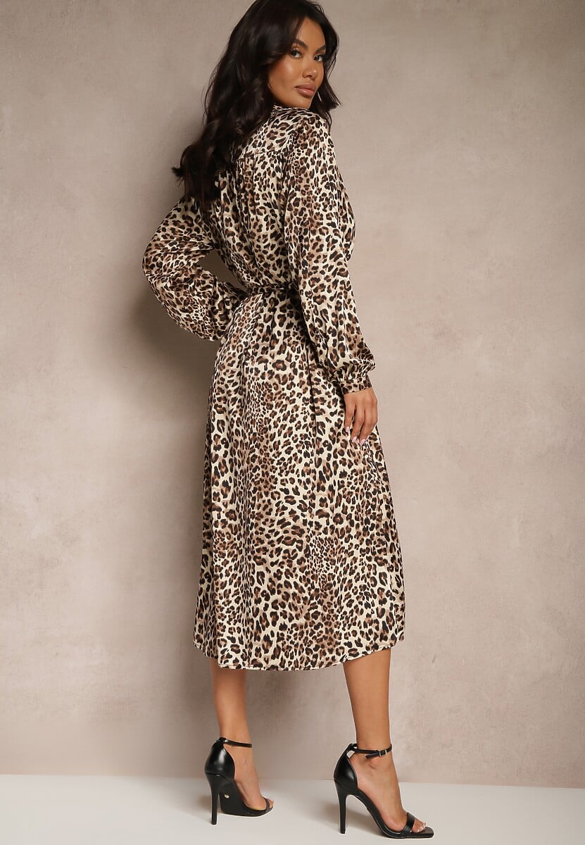 Rochie Cămașă Maro cu Imprimeu Animal Print cu Cordon în Talie Ramalli 3