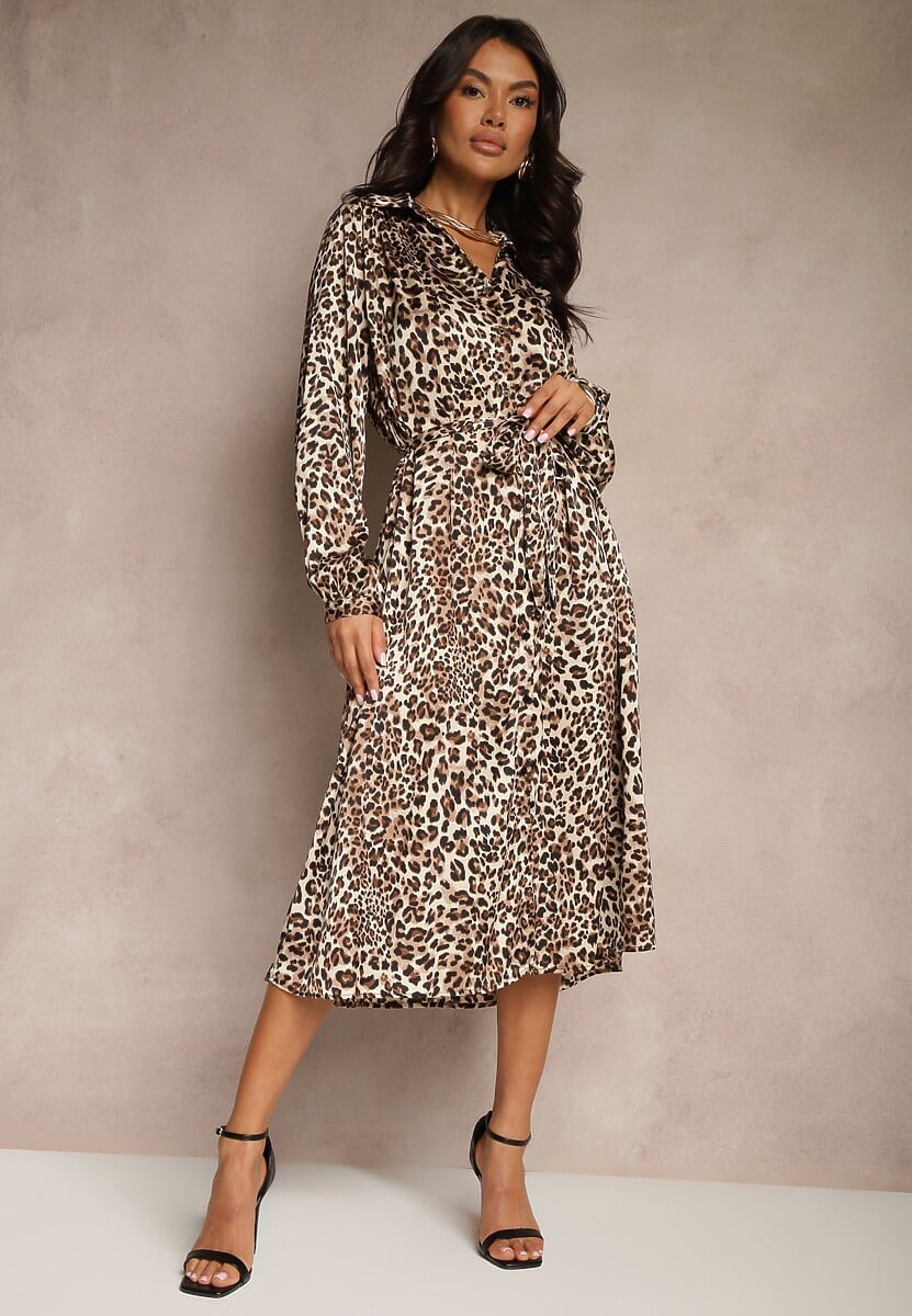 Rochie Cămașă Maro cu Imprimeu Animal Print cu Cordon în Talie Ramalli 2