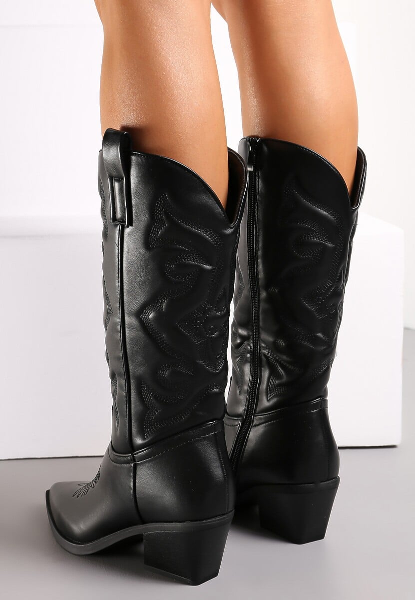 Czarne Kozaki Kowbojki na Stożku z Przeszyciami Ganavou 2