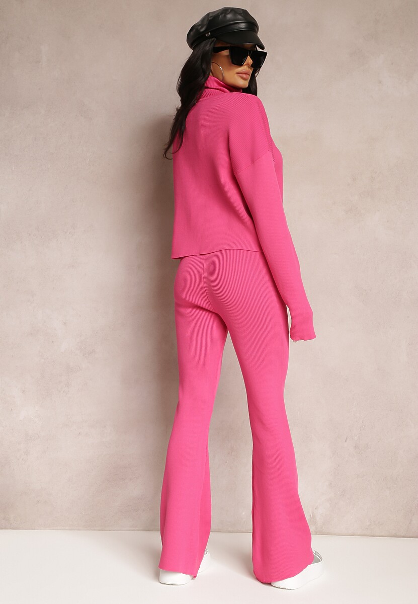 Fuksjowy Wiskozowy Komplet Sweter z Golfem i Spodnie z Prostymi Nogawkami i Gumką w Pasie Geddora 3