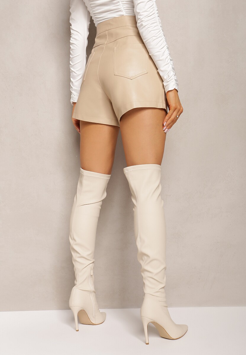 Șorturi bej High Waist cu Imitatie de piele și Lanțuri Vorda 3