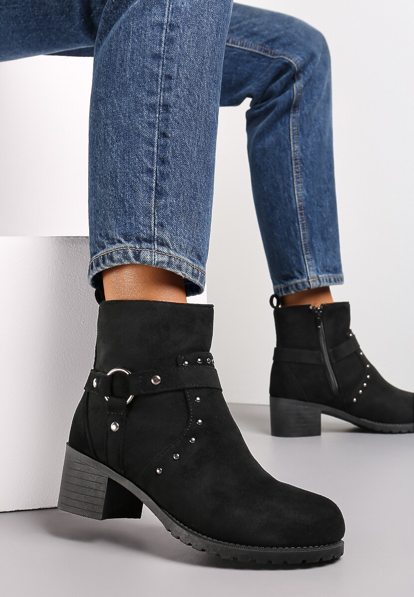 Botine negre cu toc gros și curele decorative Seuaia 1