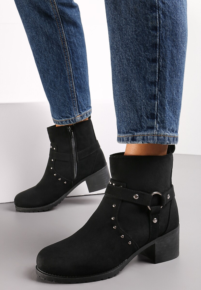 Botine negre cu toc gros și curele decorative Seuaia 2