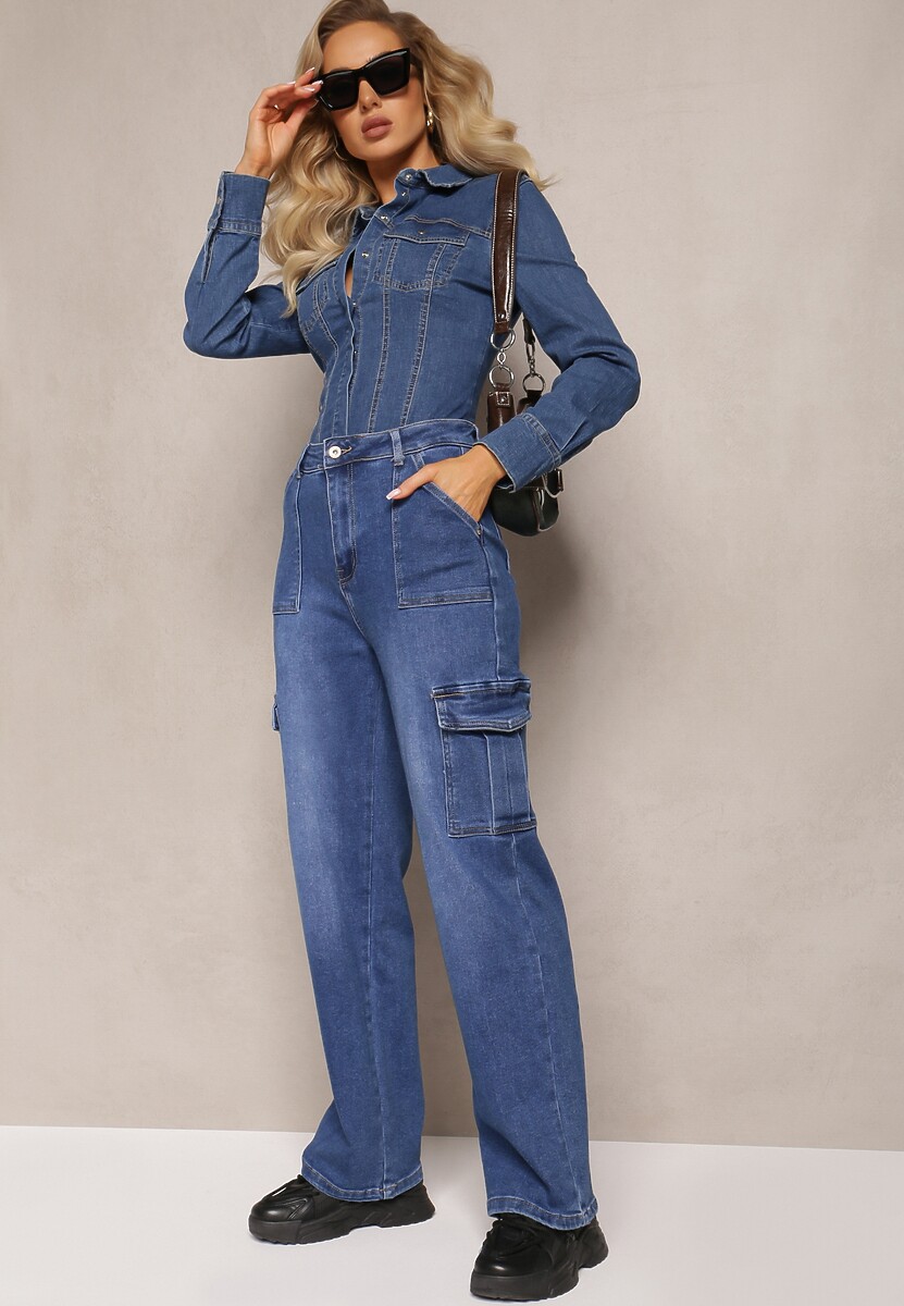 Niebieskie Szerokie Jeansy High Waist z Kieszeniami Cargo Megha 1