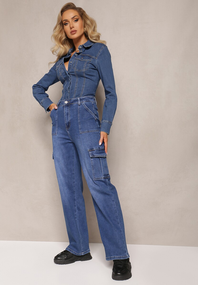 Niebieskie Szerokie Jeansy High Waist z Kieszeniami Cargo Megha 2