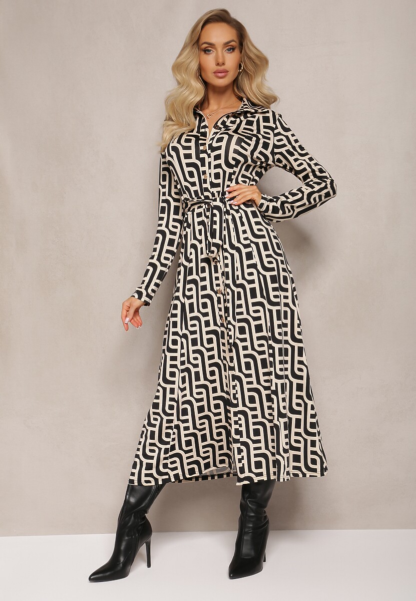 Rochie Cămașă Maxi Bej-Negru Imprimeu Geometric Gelismi 1