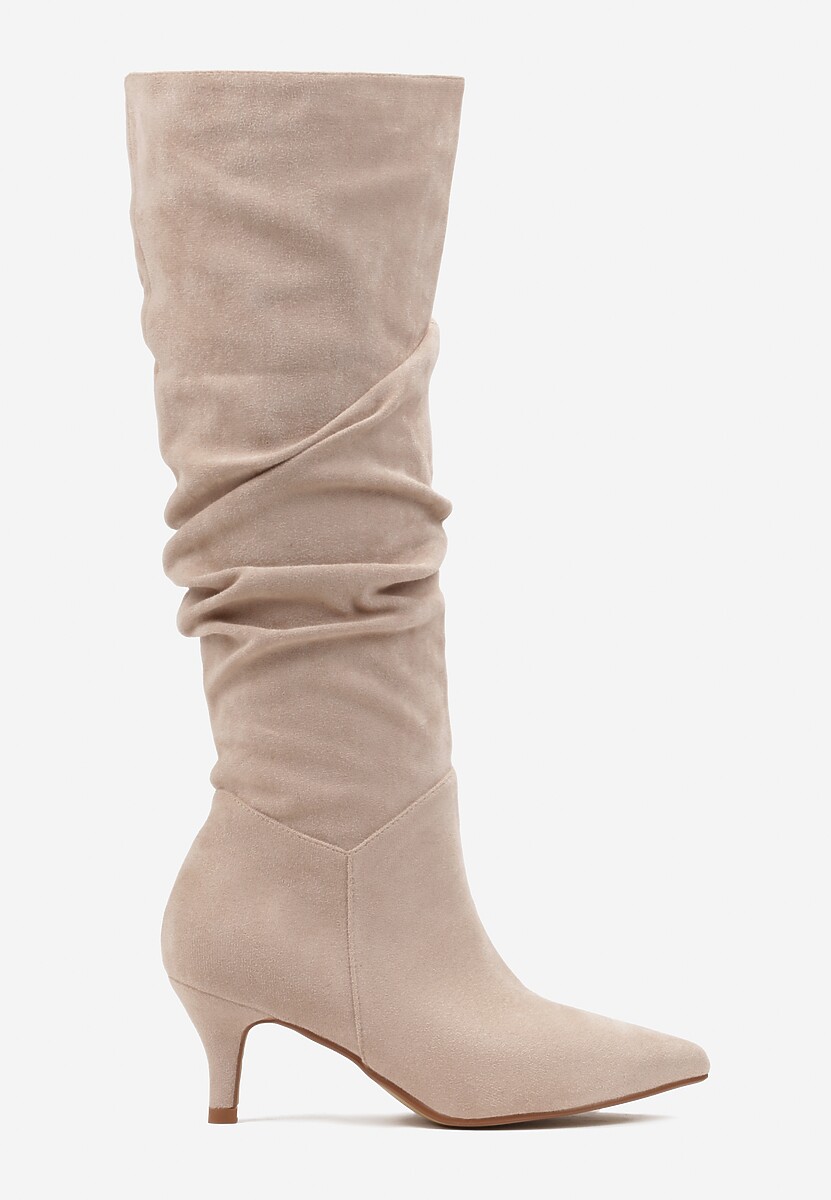 Beżowe Kozaki z Marszczoną Cholewką na Niskiej Szpilce Bisrates 3