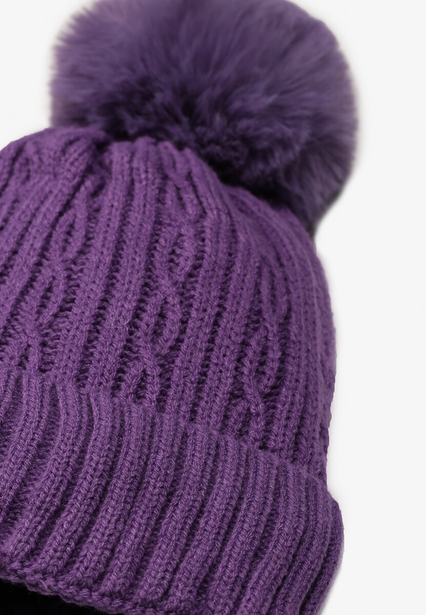 Căciulă Violetă Tricotată cu Împletitură Ornamentală cu Pompon Nemma 2