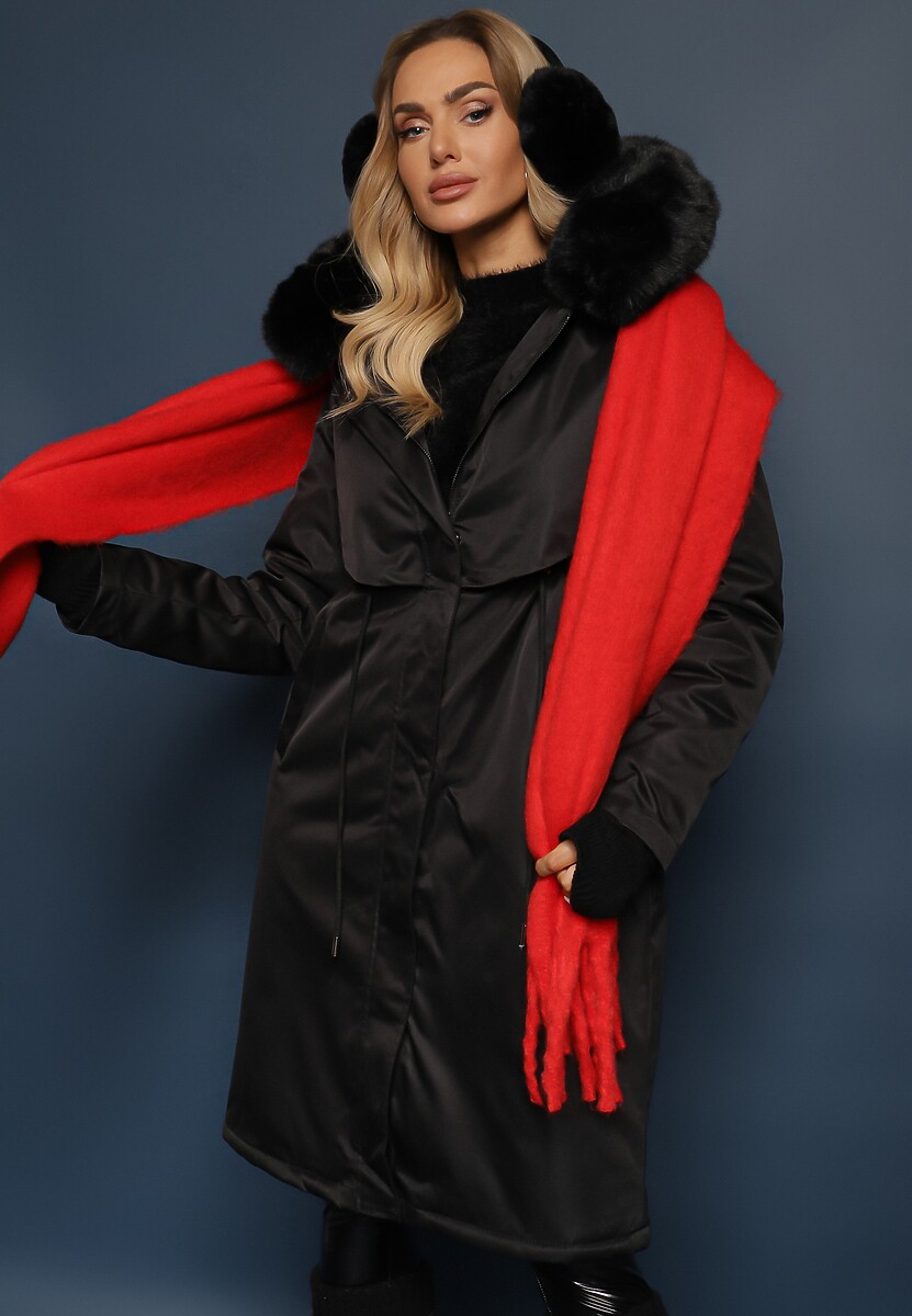 Czarna Kurtka Płaszcz ze Ściągaczem i Kapturem z Ozdobnym Futerkiem Livieya 1
