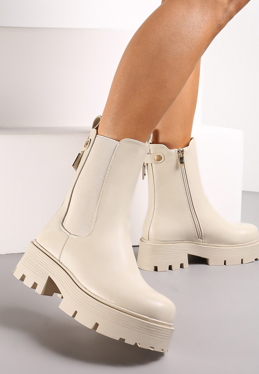 Bej Botine Ghete Chunky cu Curea și Elemente Metalice Maduvrsha 1