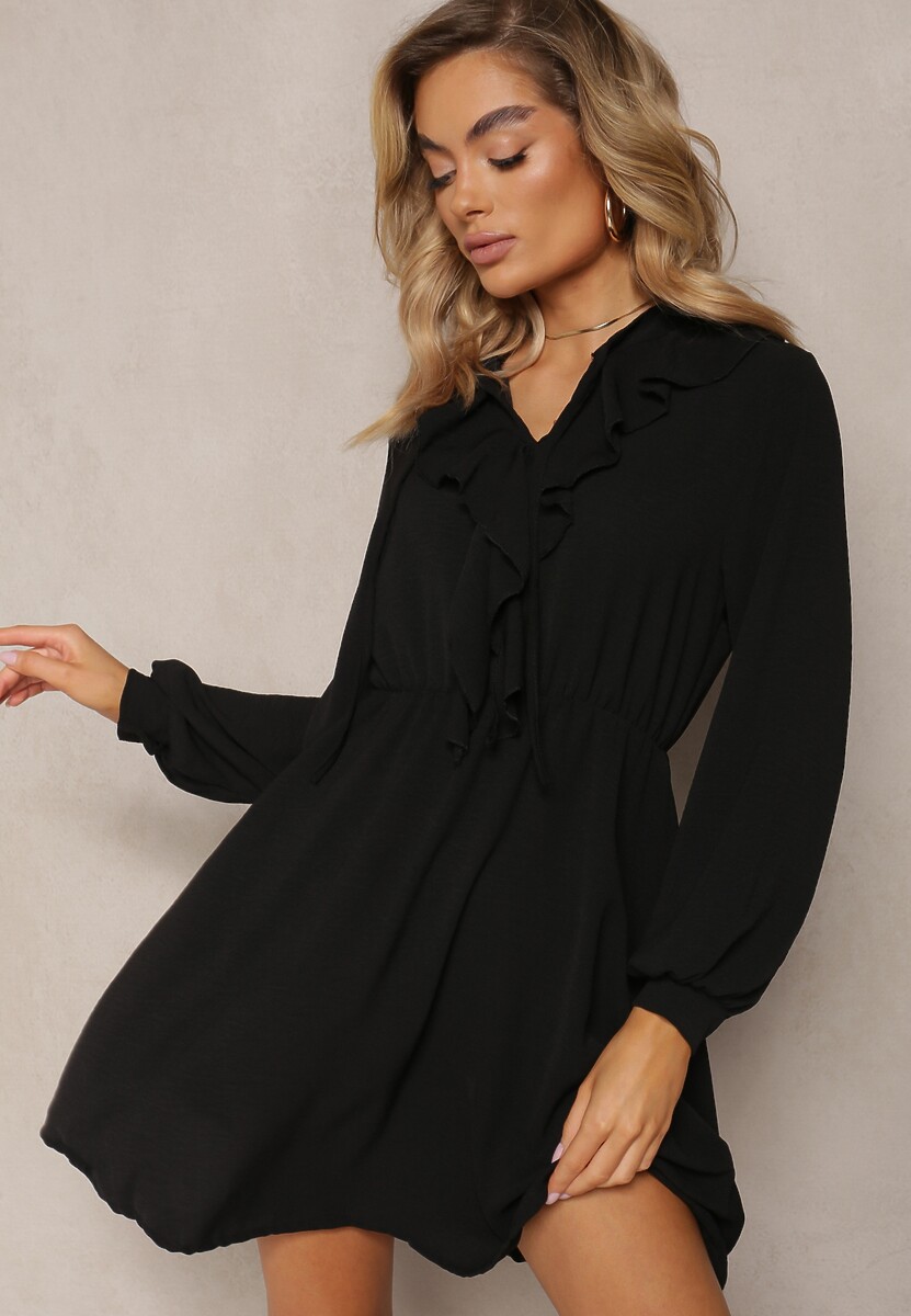 Rochie mini neagră cloș cu volane și elastic în talie Beranzze 1