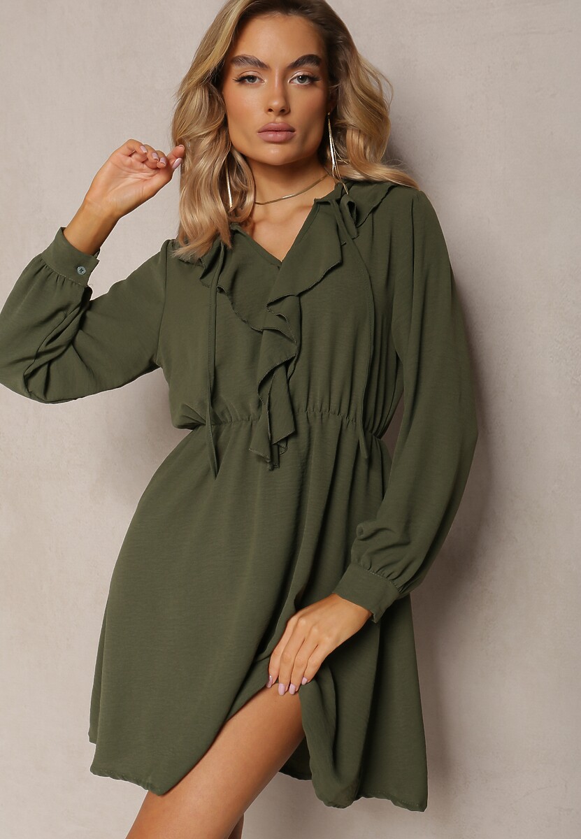 Rochie Verde Mini Cloș cu Volane și Elastic în Talie Beranzze 1