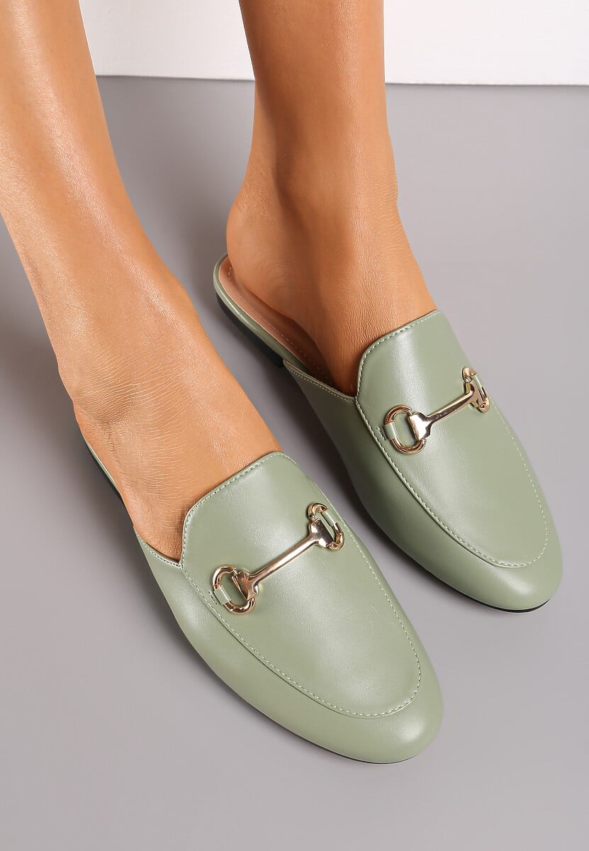 Verde deschis Papuci Mule din imitație de Piele cu Cataramă decorativă și Cusături Morissa 2