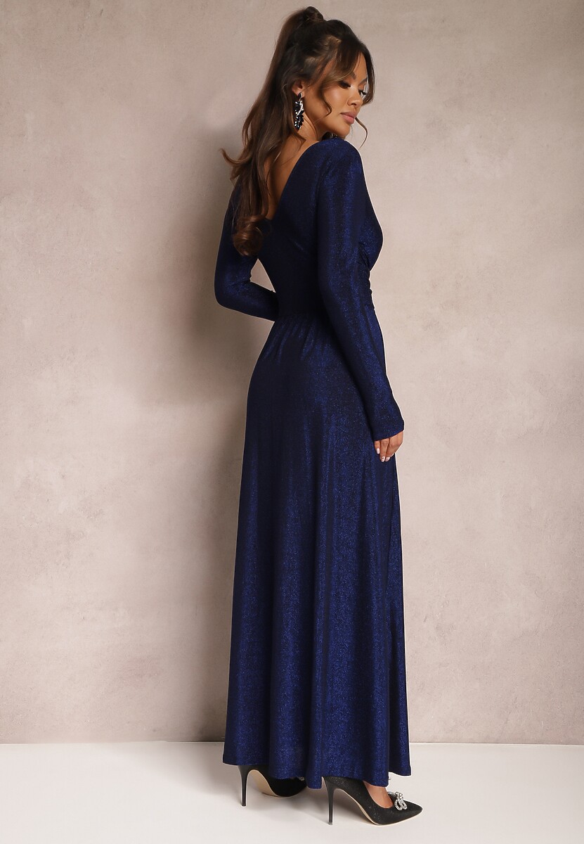 Rochie bleumarin evazată maxi din material strălucitor cu drapaje în talie Kizzetta 3