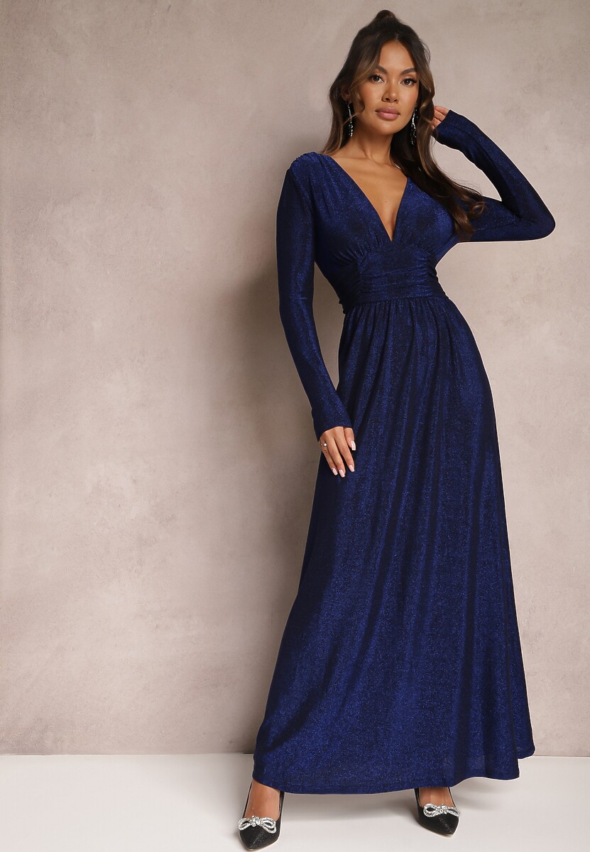 Rochie bleumarin evazată maxi din material strălucitor cu drapaje în talie Kizzetta 1