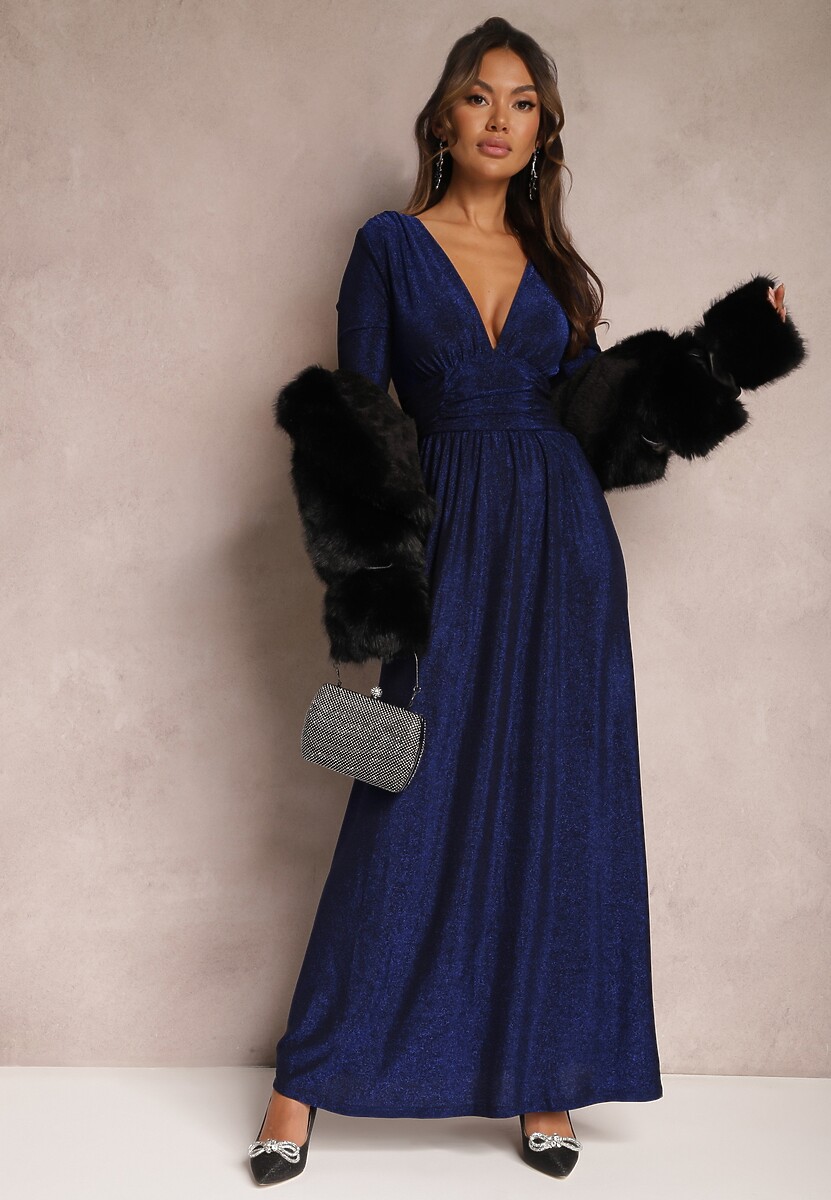 Rochie bleumarin evazată maxi din material strălucitor cu drapaje în talie Kizzetta 2