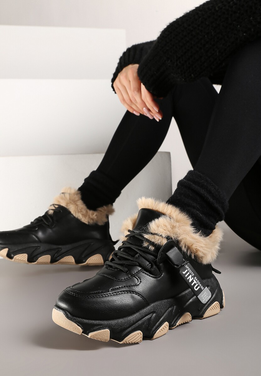 Czarne Sneakersy Przed Kostkę na Płaskiej Grubej Podeszwie z Ociepleniem ze Sztucznego Futerka Borrolla 1