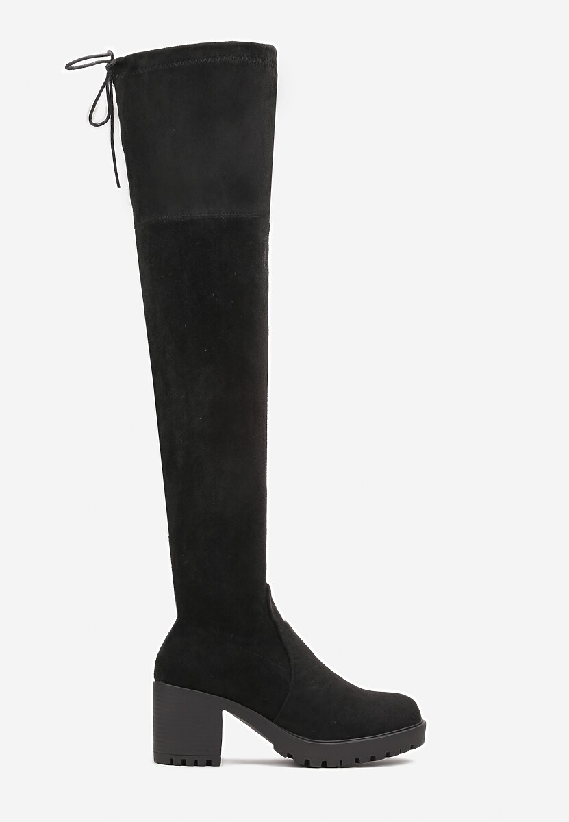 Czarne Kozaki Muszkieterki na Słupku z Rzemykowym Wiązaniem Renuka 3