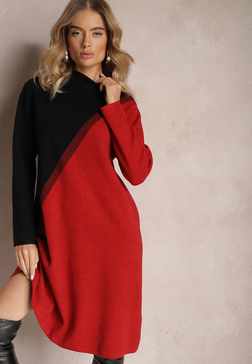 Rochie Trapez Neagră și Roșie din Tricot cu Guler Înalt 2