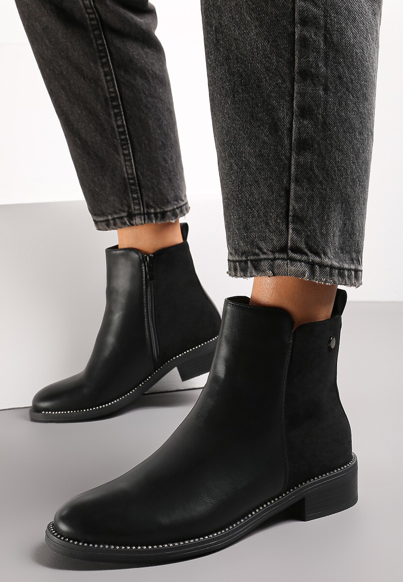 Botine Negre cu Toc Jos și Pietre Strass Delicate la Talpă Hosere 1