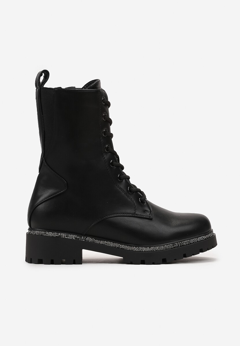 Botine negre workeri cu șireturi și curea decorativă cu zirconii pe talpă plată Mikiea 3