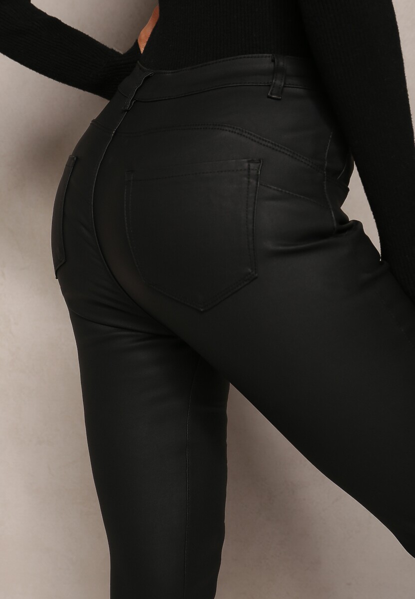 Y's LAWN WAIST STRING SLIM PANTS 黒2 Czarne Spodnie Skinny z Ekoskóry Lirael - Renee