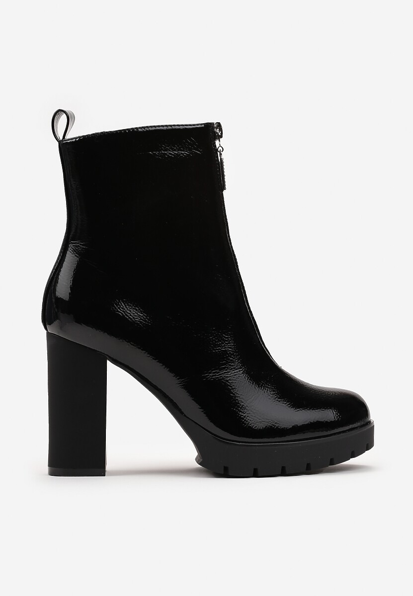 Botine Negre Lacate cu Toc Bloc și Fermoar Decorativ cu Pietre Elorine 3