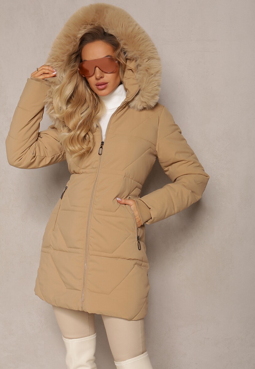 Ciemnobeżowa Pikowana Kurtka z Kapturem i Ozdobnym Futerkiem Zepiola 1