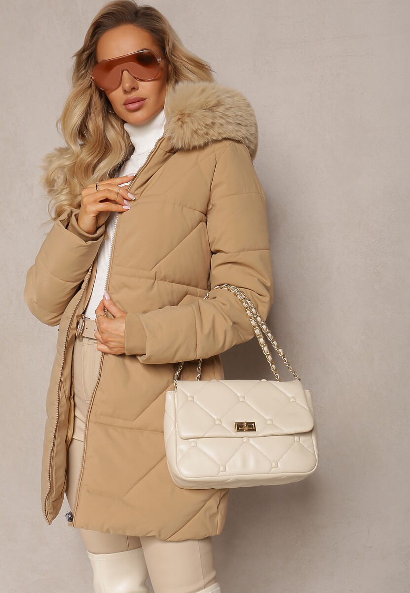 Ciemnobeżowa Pikowana Kurtka z Kapturem i Ozdobnym Futerkiem Zepiola 2