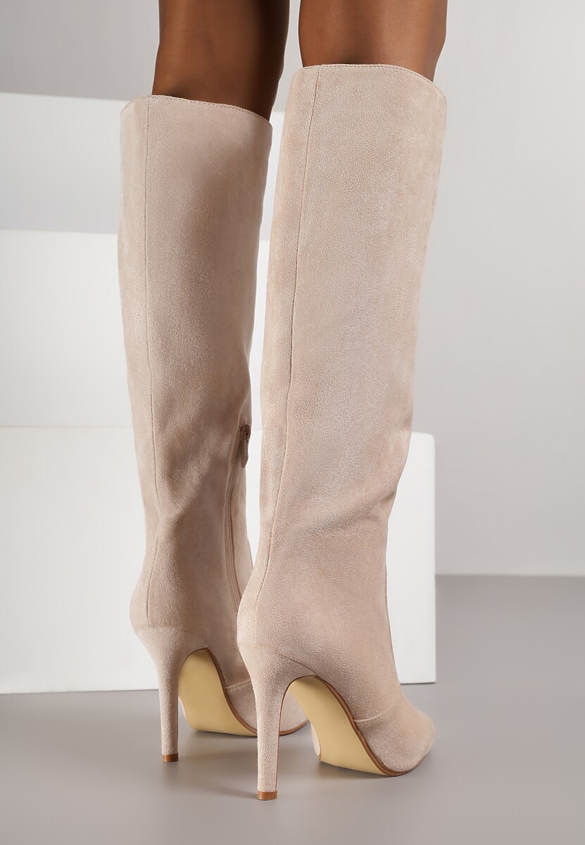 Cizme bej peste genunchi cu toc cui si varf ascutit Modara 3