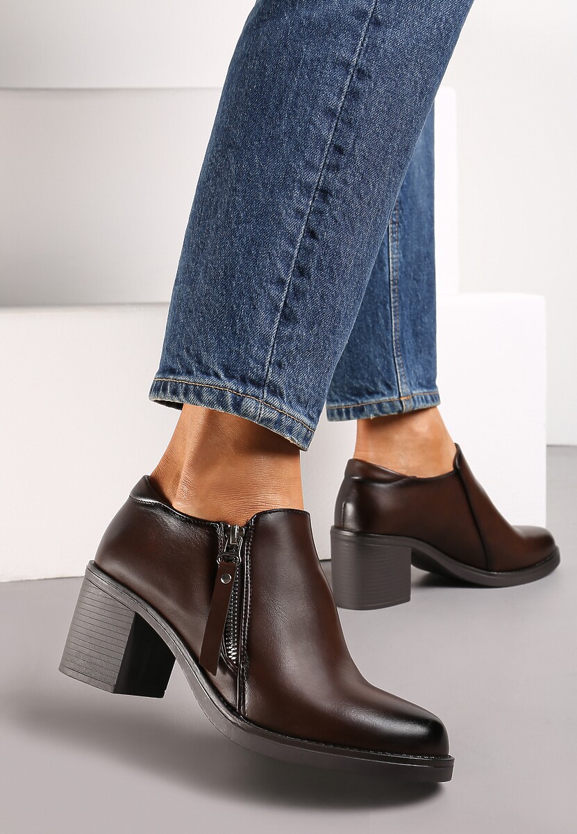 Ciemnobrązowe Półbuty na Obcasie z Krótkim Suwakiem Proctana 1