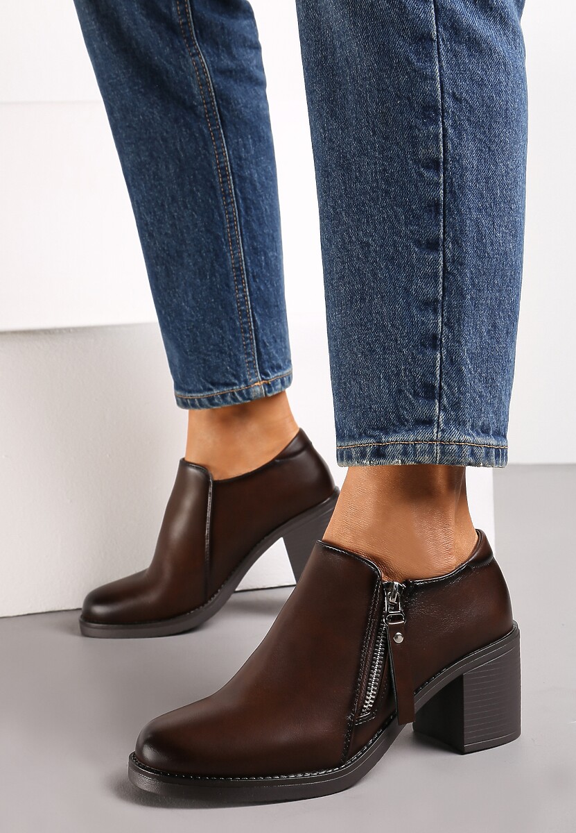 Ciemnobrązowe Półbuty na Obcasie z Krótkim Suwakiem Proctana 2