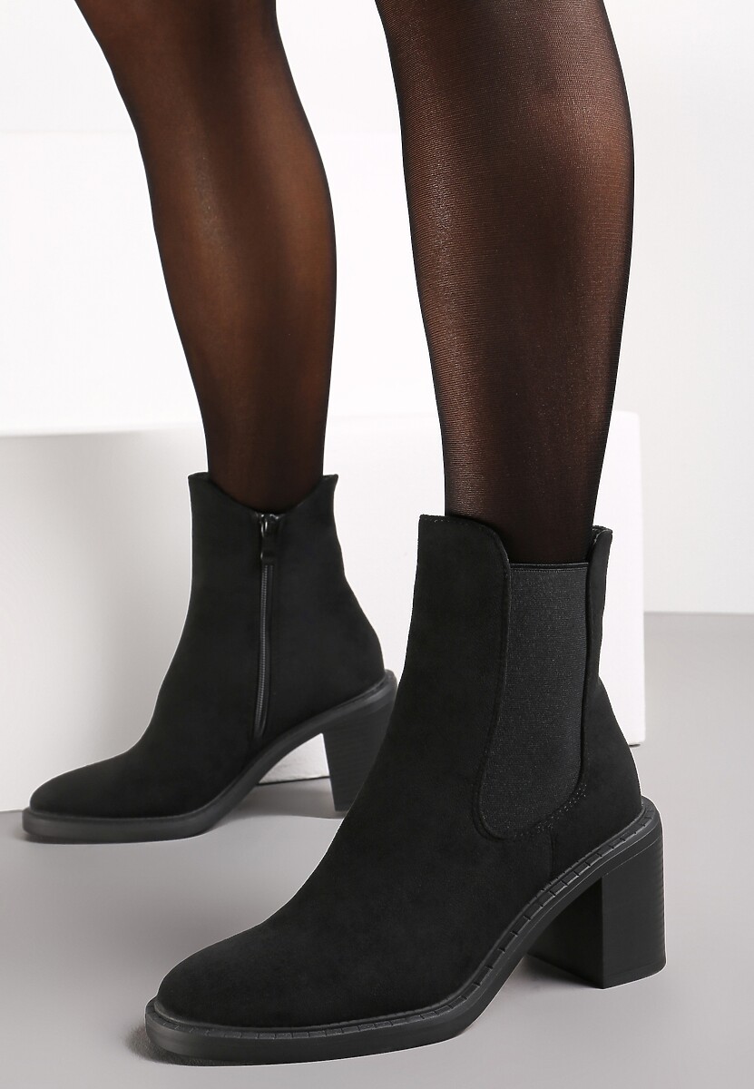 Czarne Botki na Obcasie z Imitacji Zamszu ze Wstawką z Elastycznego Materiału Marissane 1