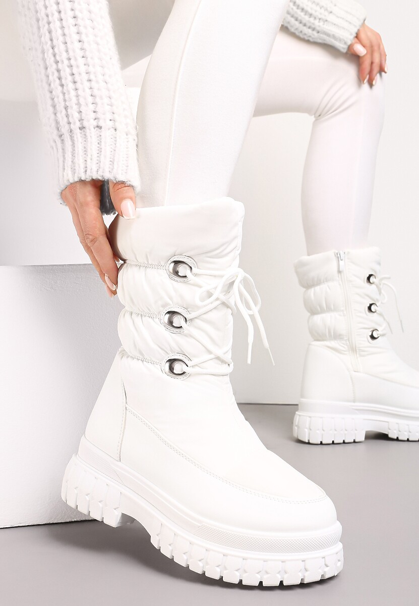 Białe Sznurowane Śniegowce z Ozdobnym Pikowaniem i Połyskiem Birala 1