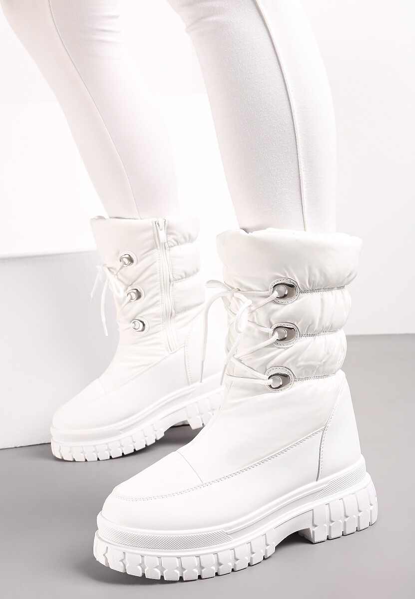 Białe Sznurowane Śniegowce z Ozdobnym Pikowaniem i Połyskiem Birala 2