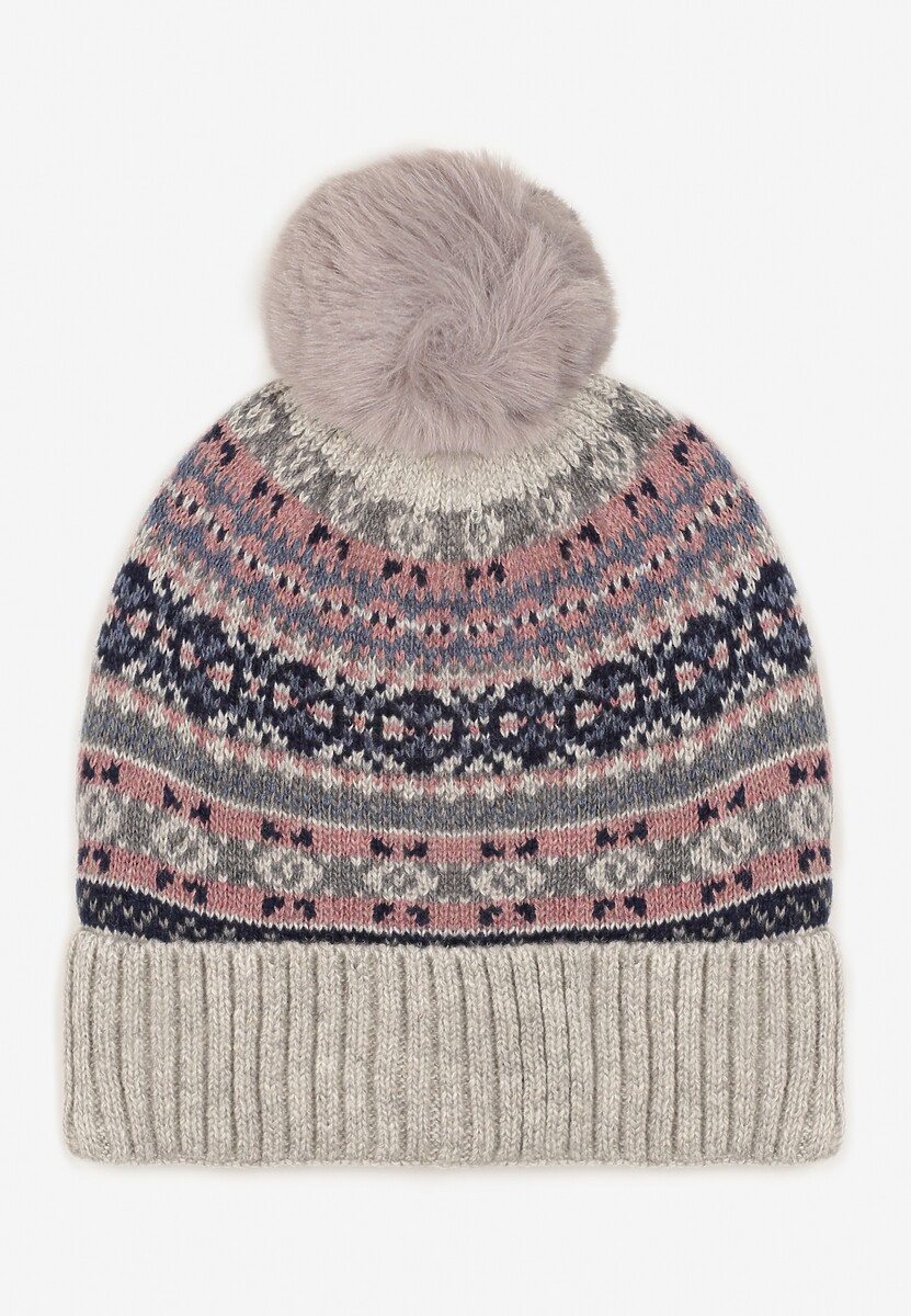 Căciulă Gri Tricotată Beanie cu Lână cu Model Crăciun și Pompon Nalinne 1